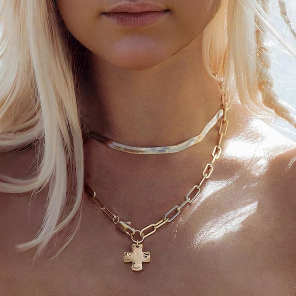 NEW 14K Gold Silver Layered Statement Cross Pendant Charm Gold Chain Necklace